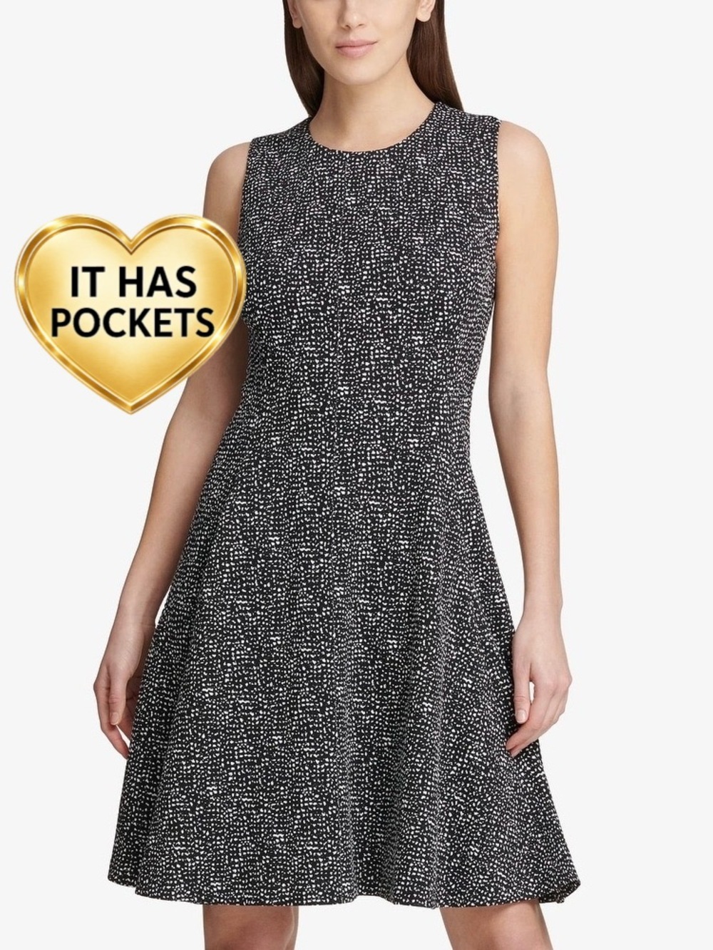 DKNY Black and White Textured Sleeveless Midi Dress